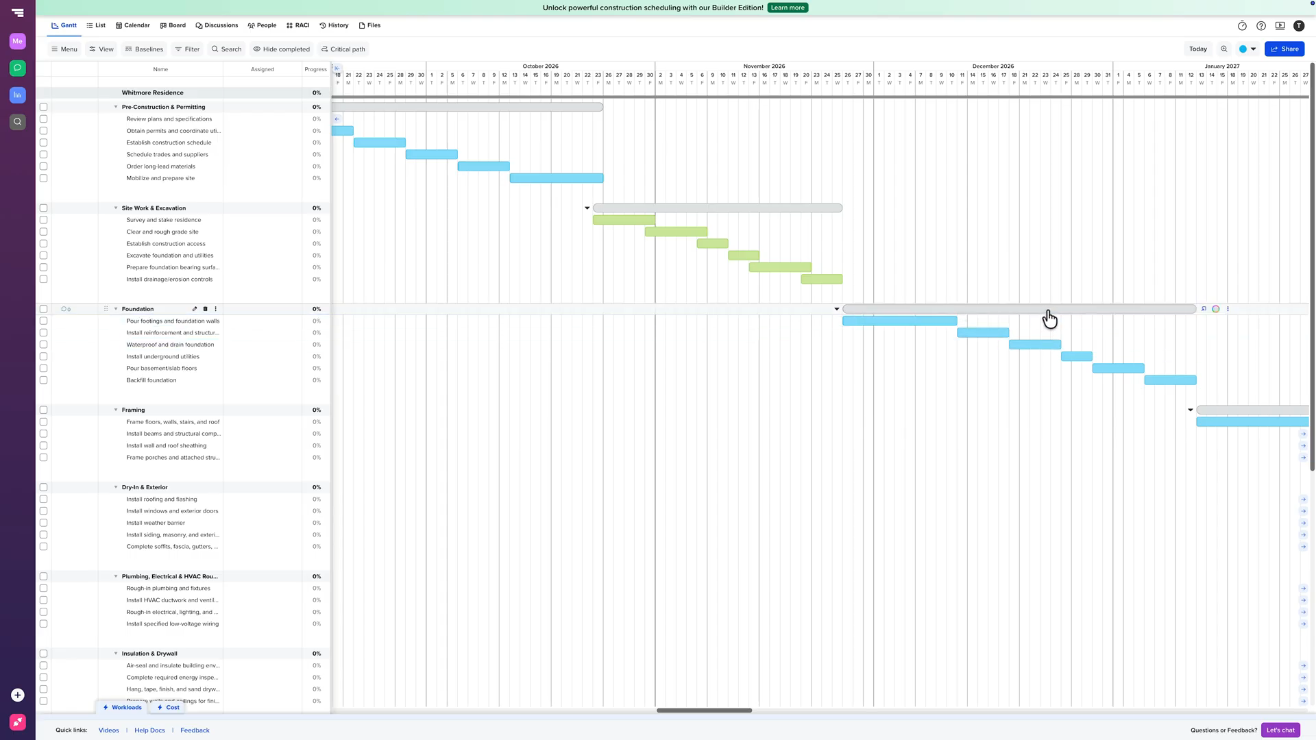 Un planning de chantier dans TeamGantt avec phases et dépendances