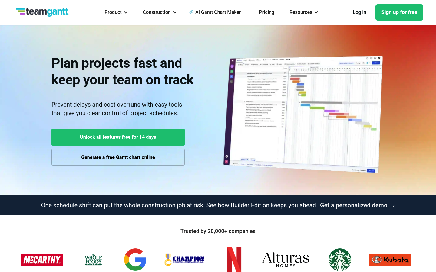 Page d'accueil de TeamGantt en 2026