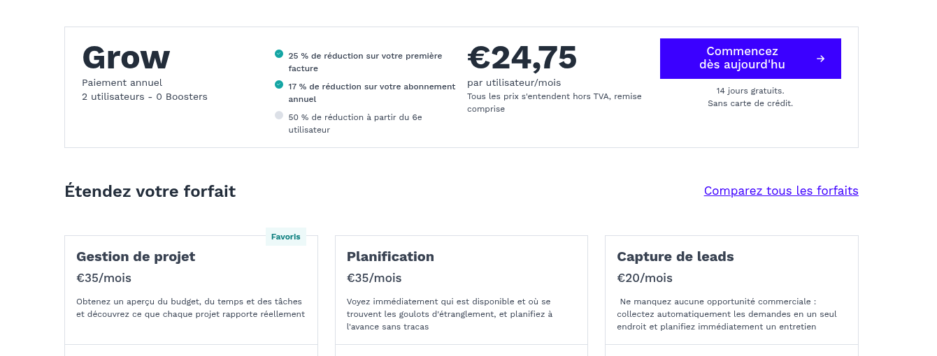 Le prix de base et les Boosters de Teamleader Focus en 2026