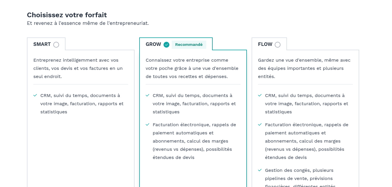 Les forfaits Smart, Grow et Flow de Teamleader Focus en 2026
