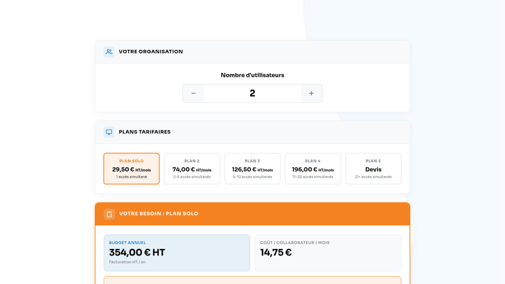 Grille tarifaire de VisualProjet en 2026, par nombre d'accès simultanés