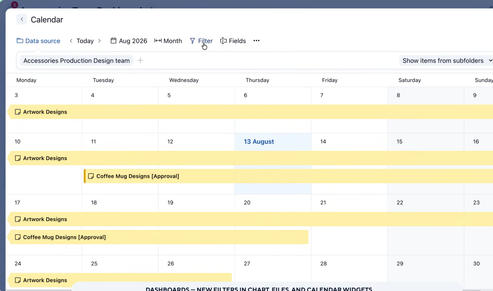Widget calendrier d'un tableau de bord Wrike