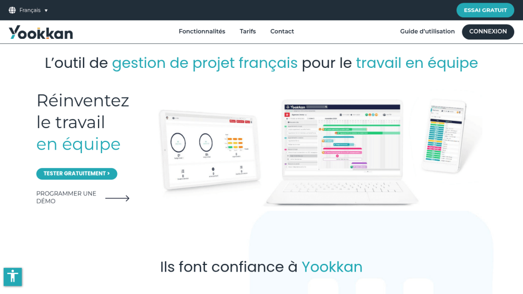 Page d'accueil de Yookkan, logiciel de gestion de projet français