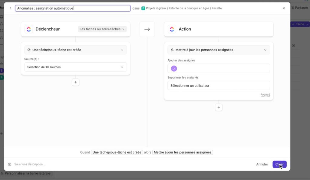 Automatisation ClickUp : quand une tâche est créée, mettre à jour les personnes assignées