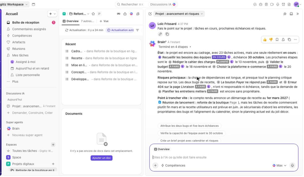 Réponse de ClickUp Brain : point d'avancement du projet avec les risques