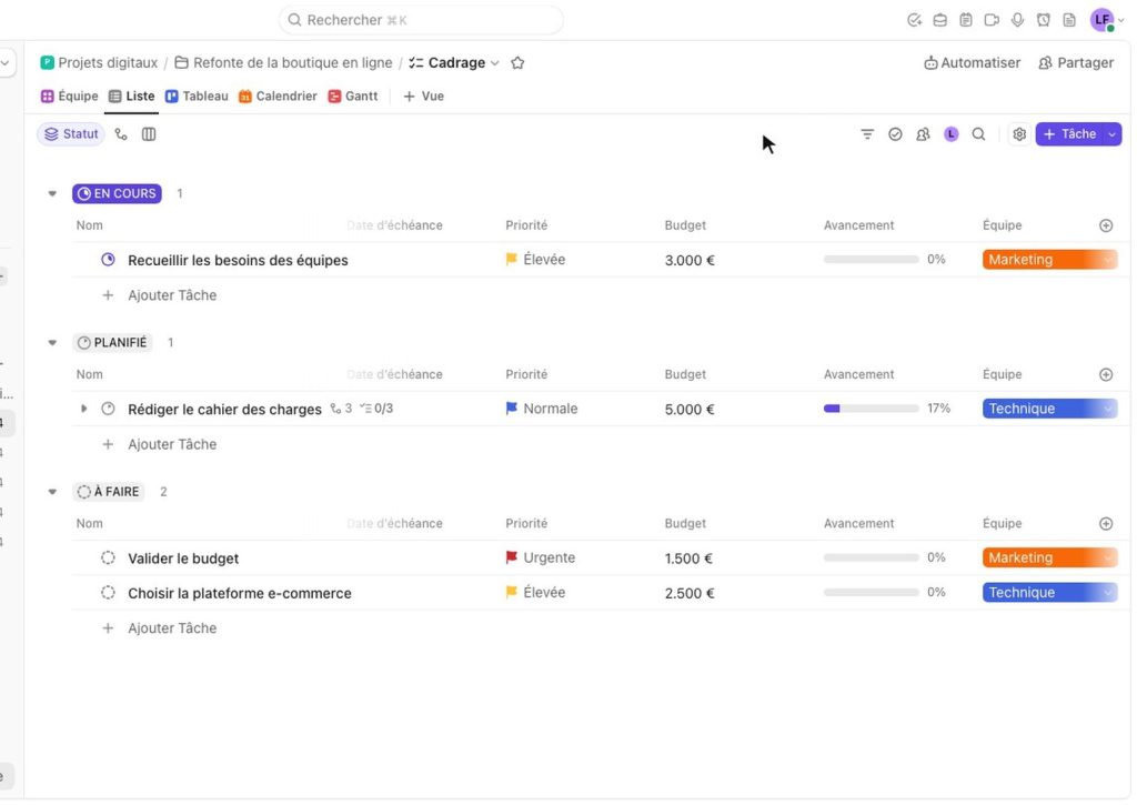 Liste ClickUp avec les champs personnalisés Budget en euros, Avancement et Équipe