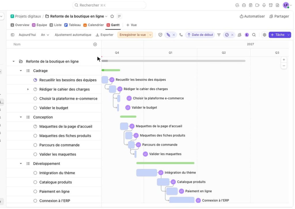 Diagramme de Gantt ClickUp du projet de refonte, avec les phases et les flèches de dépendance