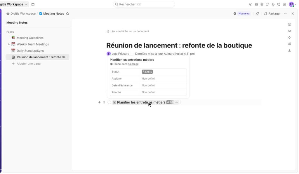 Doc ClickUp de réunion de lancement : une action transformée en tâche avec son statut