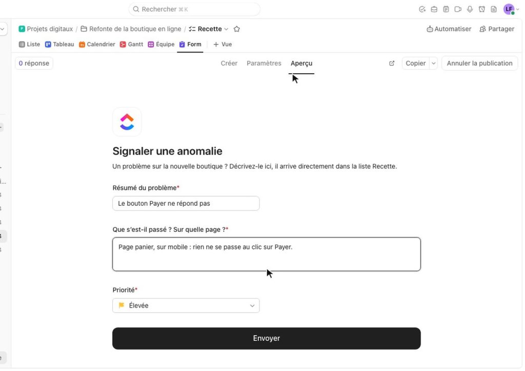 Formulaire ClickUp de signalement d'anomalie avec résumé, description et priorité