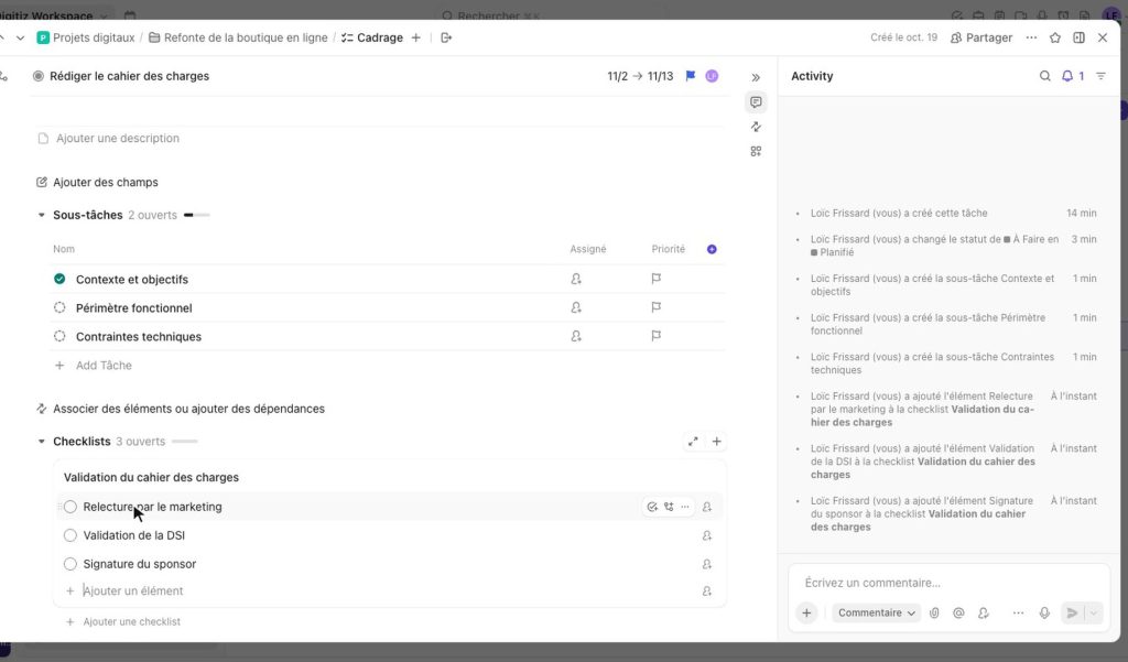 Fiche d'une tâche ClickUp avec 3 sous-tâches et une checklist de validation