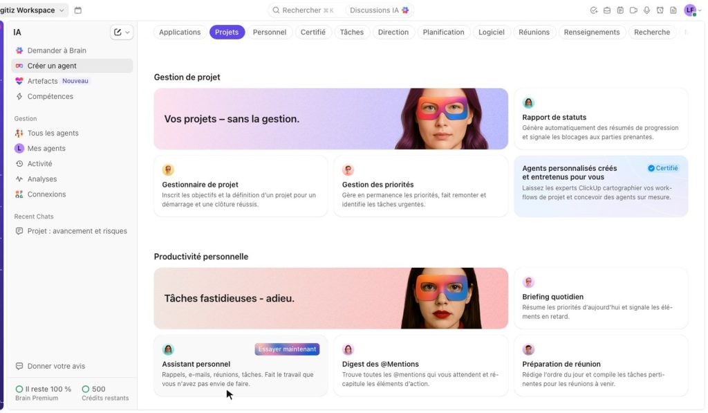 Catalogue des Super Agents de ClickUp, catégorie Projets