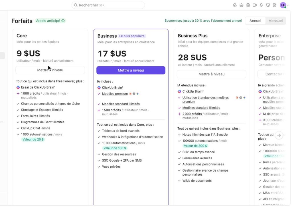 Page des forfaits de ClickUp en 2026 : Core, Business, Business Plus et Enterprise en paiement annuel