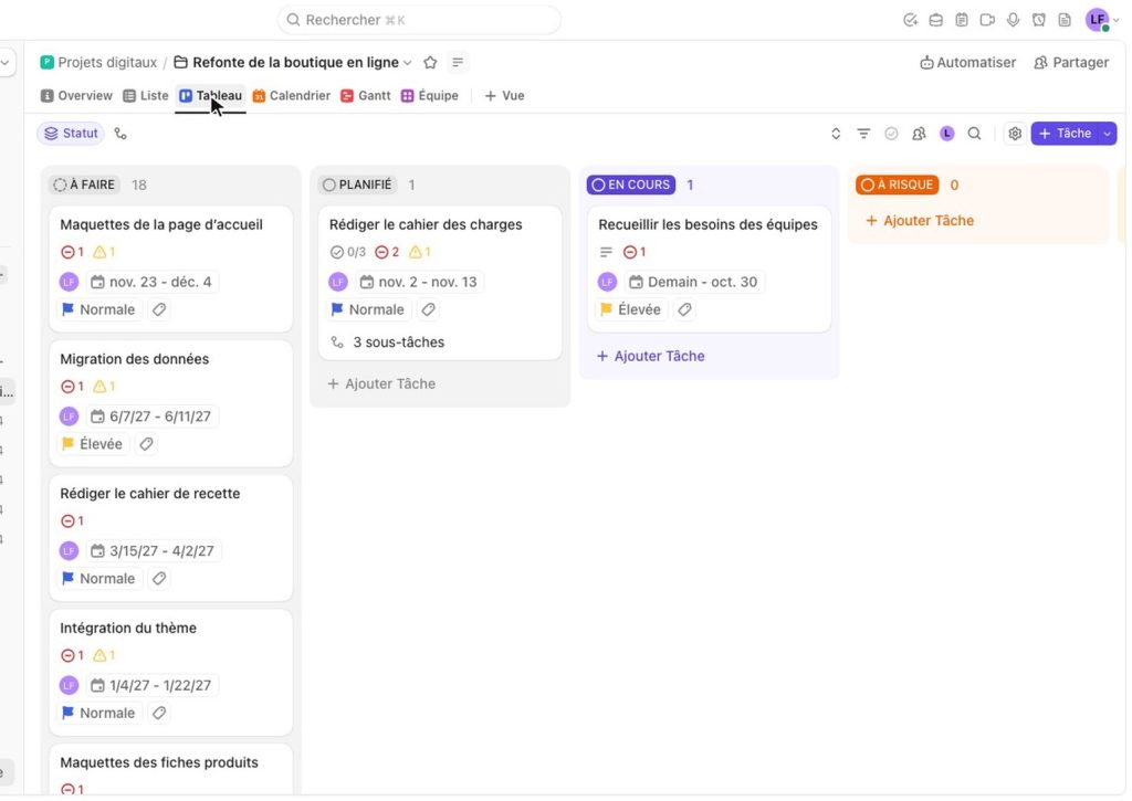 Vue Tableau de ClickUp en colonnes par statut sur tout le projet de refonte
