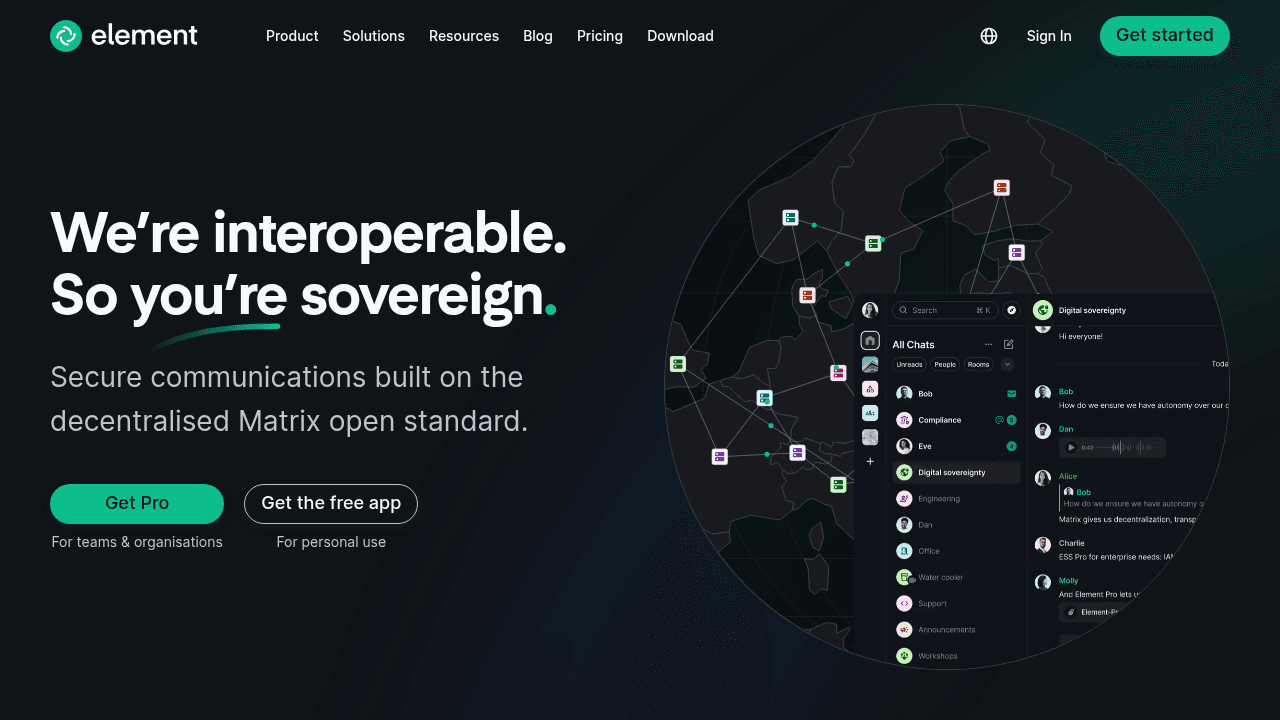 Page d'accueil d'Element, logiciel open source