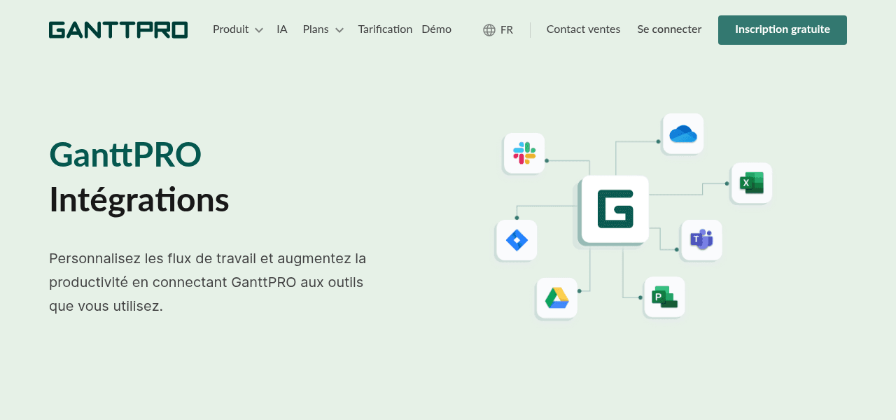 Page des intégrations GanttPRO : Slack, Jira, Teams, Google Drive, OneDrive