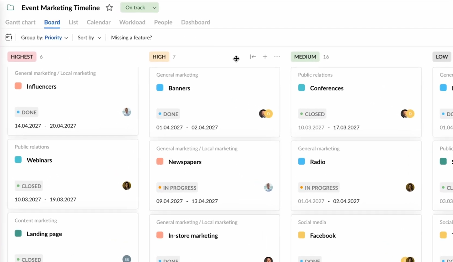 Vue tableau Kanban de GanttPRO groupée par priorité