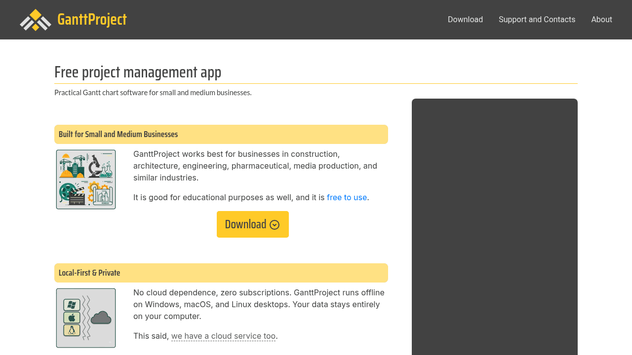 Page d'accueil de GanttProject, logiciel open source
