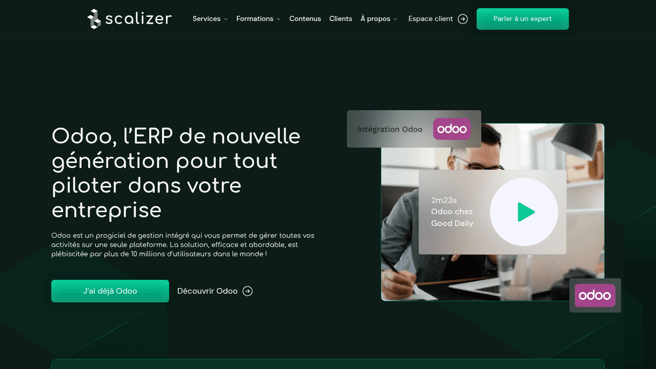 Page Odoo de Scalizer, intégrateur Odoo Gold