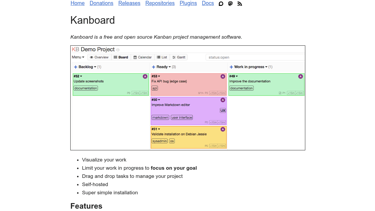 Page d'accueil de Kanboard, logiciel open source