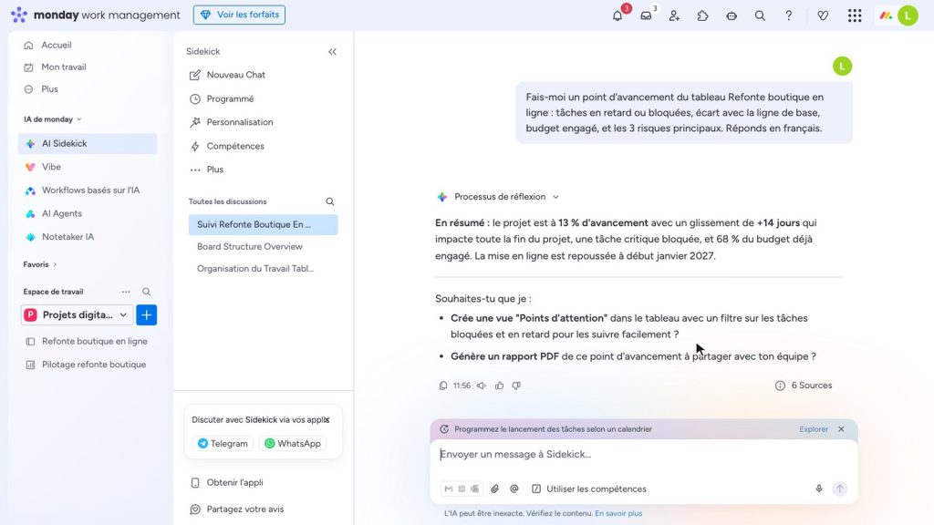 Réponse d'AI Sidekick dans monday : point d'avancement du projet avec glissement et budget engagé