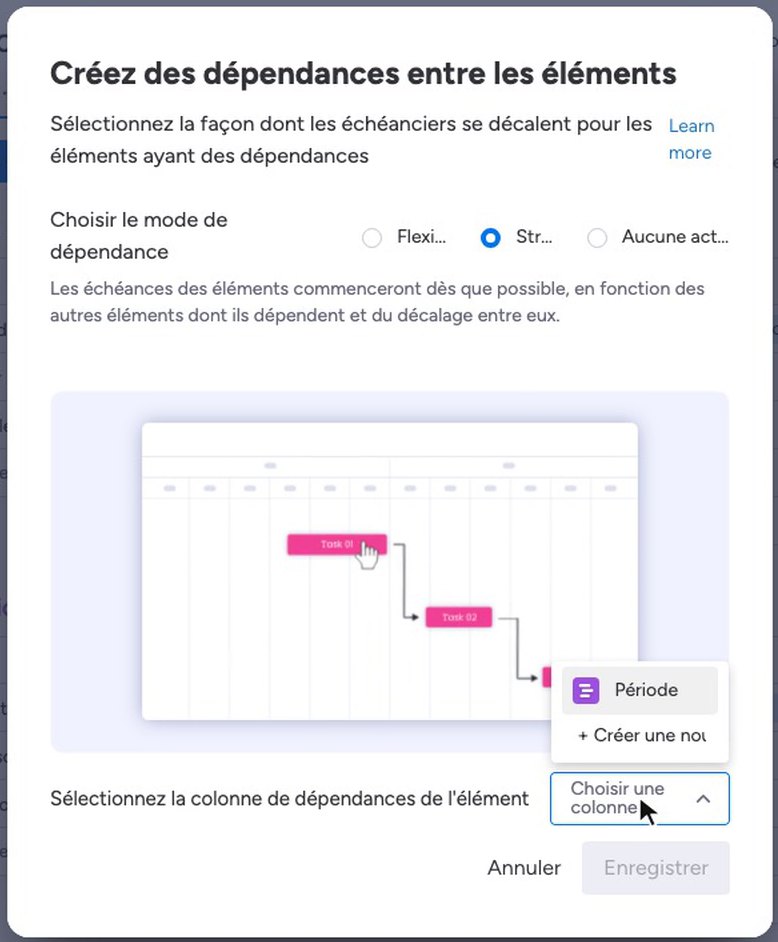 Fenêtre de choix du mode de dépendance dans monday : flexible, strict ou aucune action