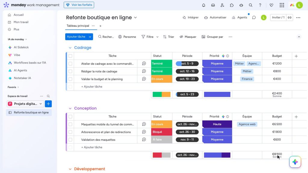Tableau de projet dans monday avec les colonnes statut, période, priorité, équipe et budget