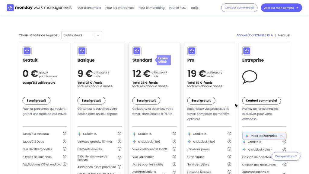 Grille tarifaire de monday Work Management en 2026 : forfaits Gratuit, Basique, Standard, Pro et Entreprise