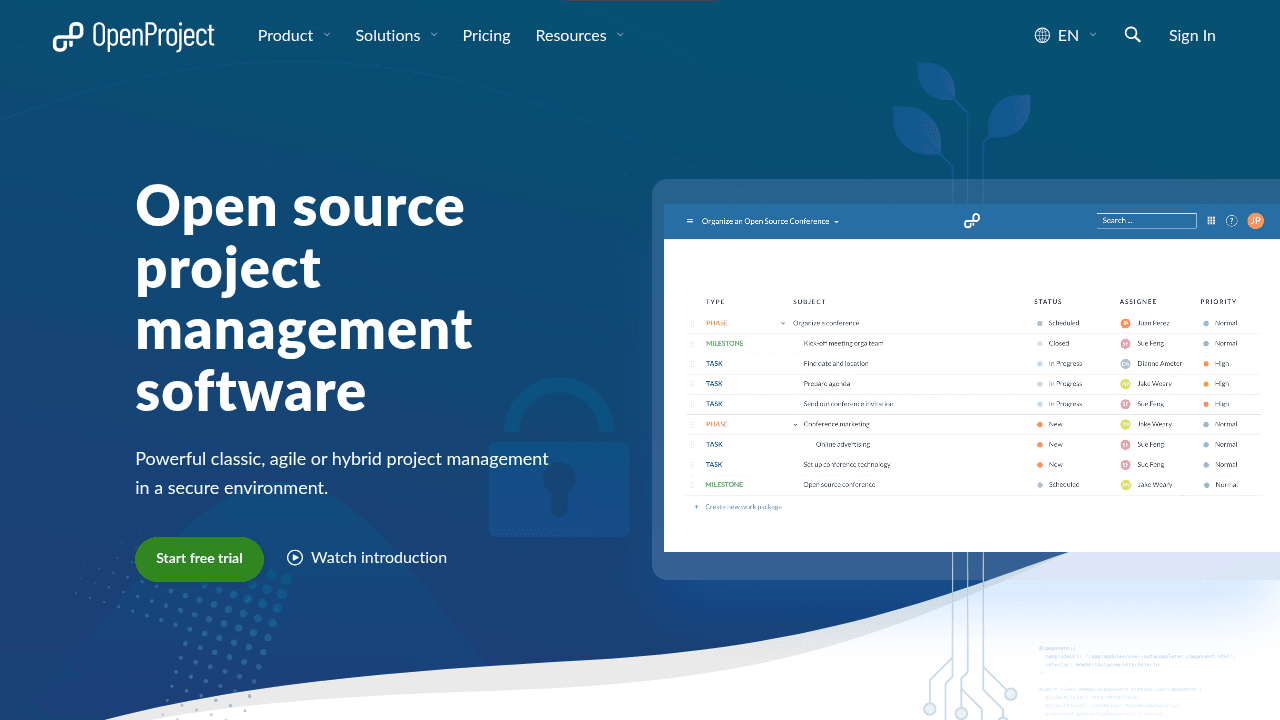 Page d'accueil d'OpenProject, logiciel open source