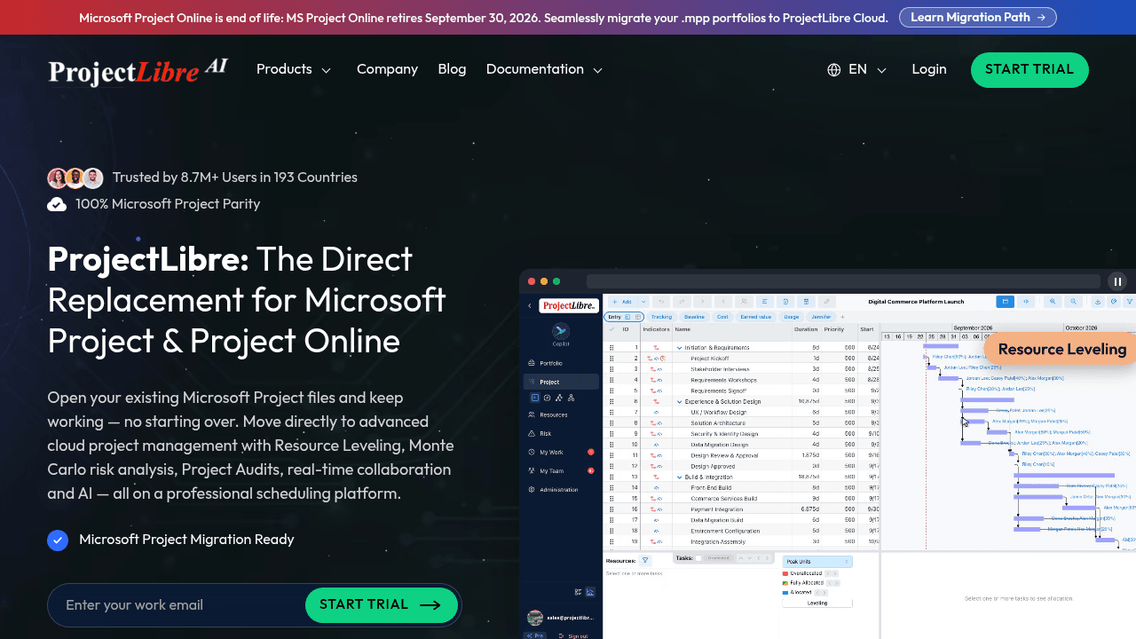 Page d'accueil de ProjectLibre, logiciel open source