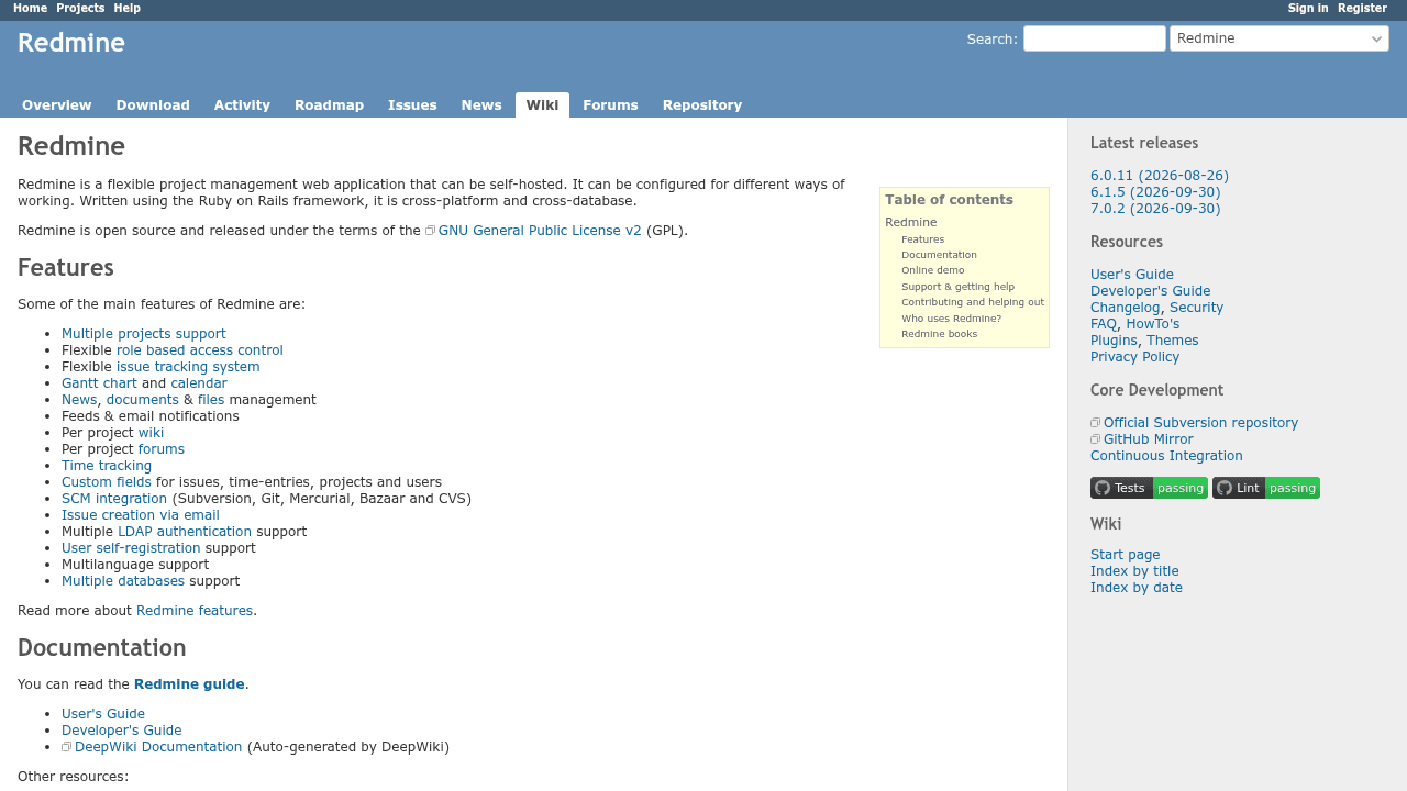 Page d'accueil de Redmine, logiciel open source