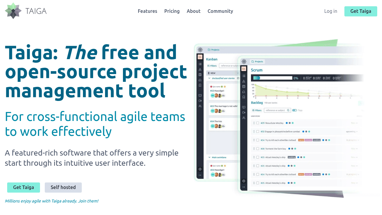 Page d'accueil de Taiga, logiciel open source